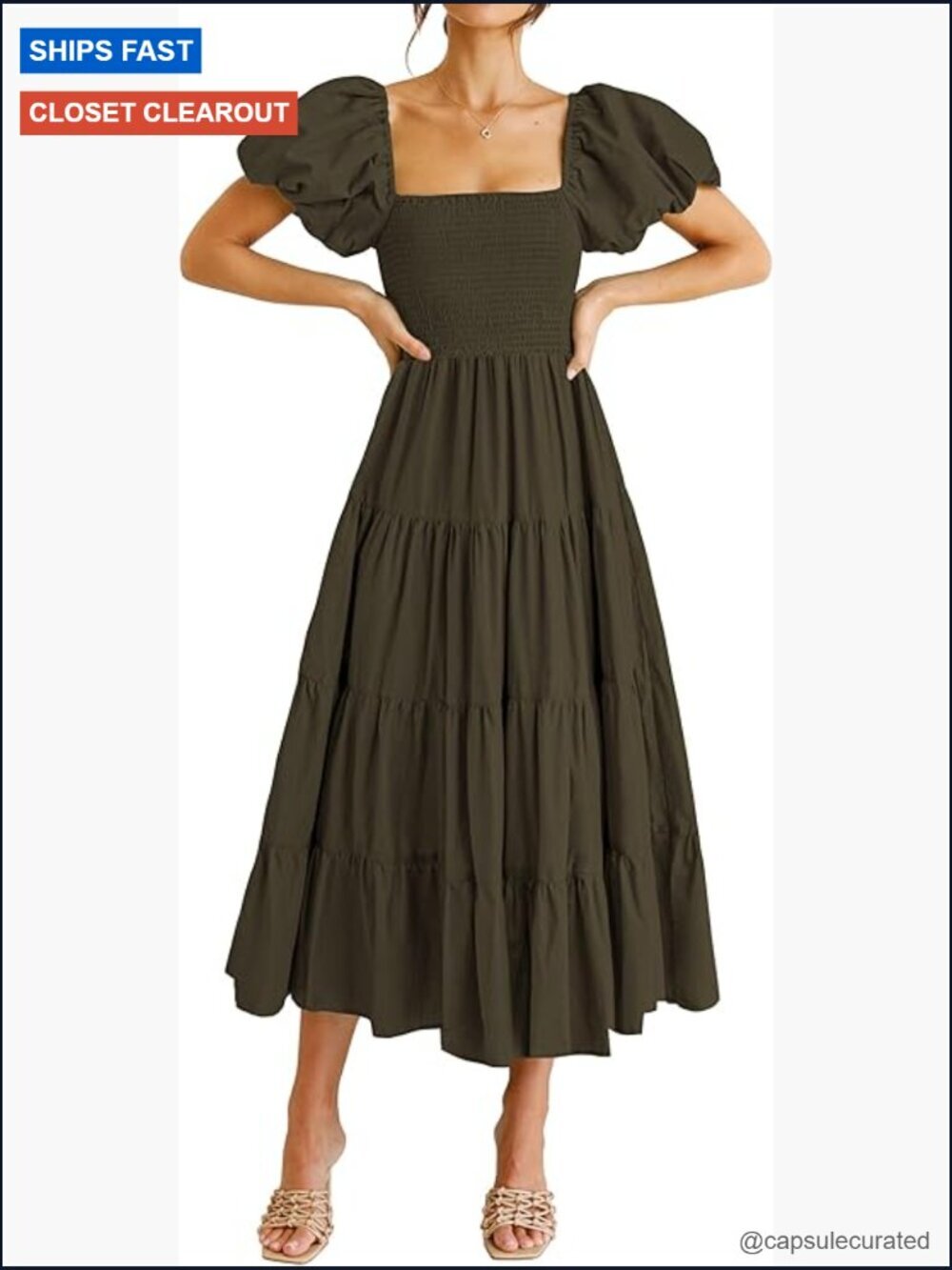 Casual Smocked Midi Dress Puffy Short Sleeve Square Neck Tiered Ruffle